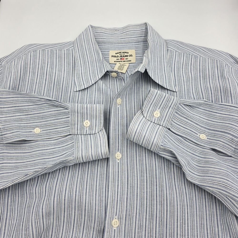 Polo Jeans Co Ralph Lauren Shirt Large Blue Striped Button Up Long Sleeve‎ Mens